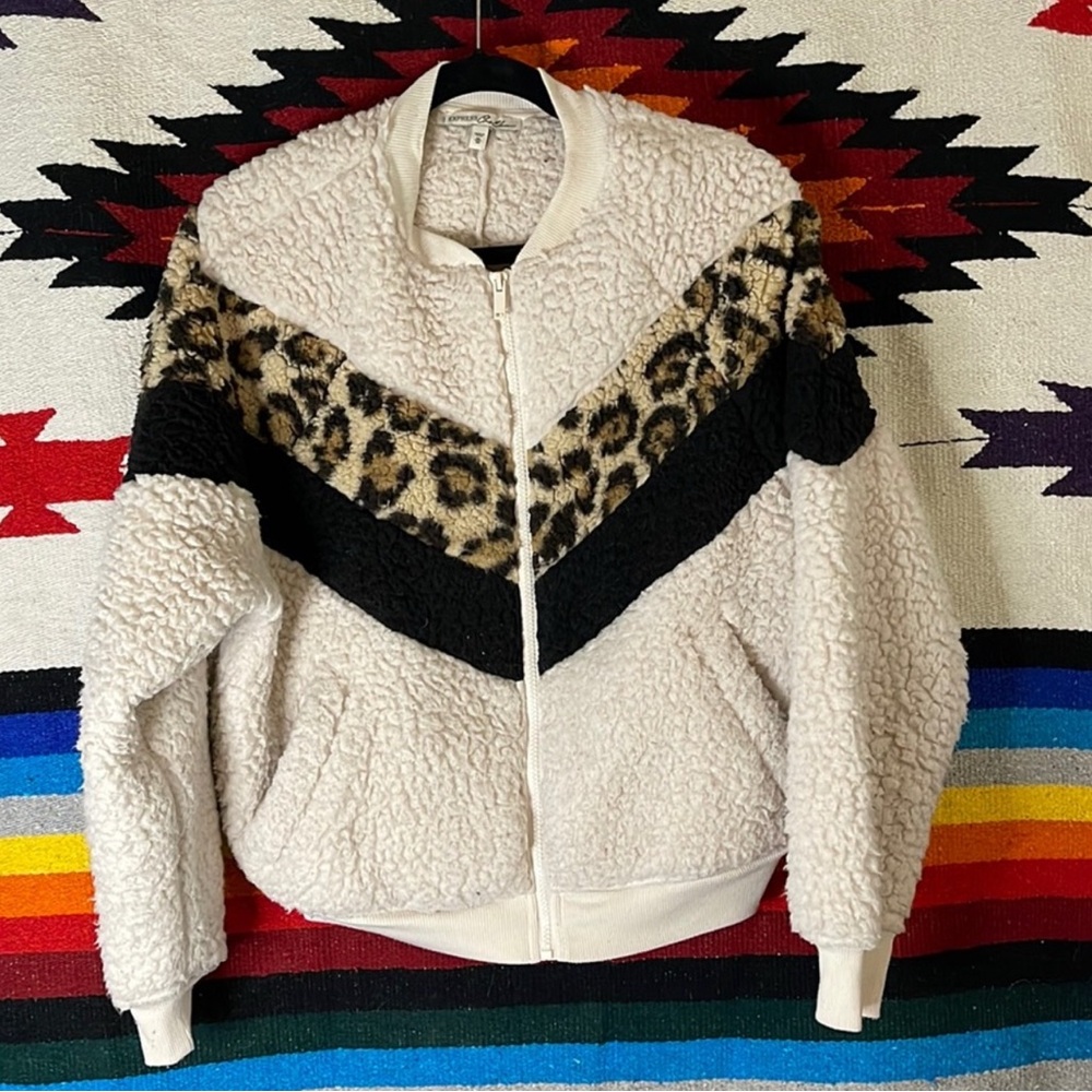 DKNY leather look jacket and Express Teddy Jacket with Leopard Accent